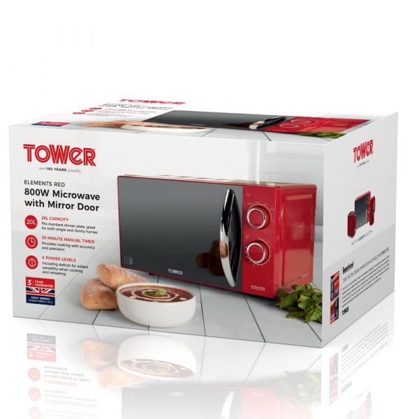 Tower T24009RN Microwave with Mirror Door 20L 800W – Red / Chrome
