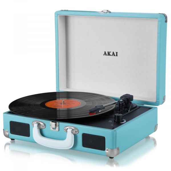 Akai A60011 Suitcase Style Record Player Retro 60’s Premium Leather Style – Blue