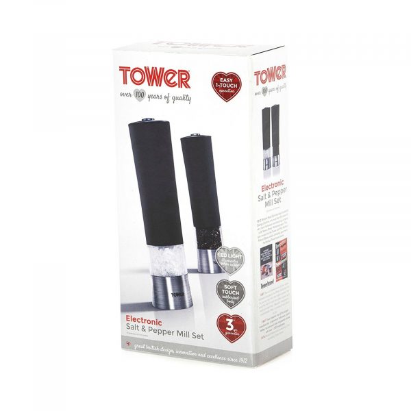 Tower T80400 Electric Salt and Pepper Mill Set with Grinding Mechanism Black