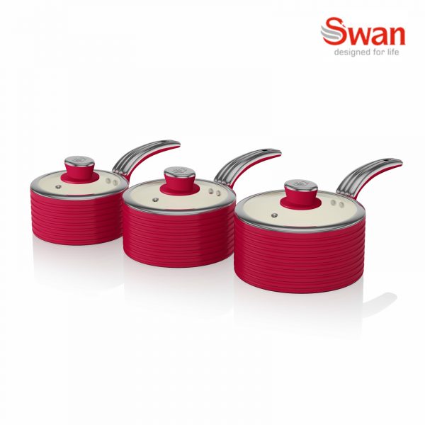Swan SWPS3020RN Retro 3 Piece Saucepan Set – Red