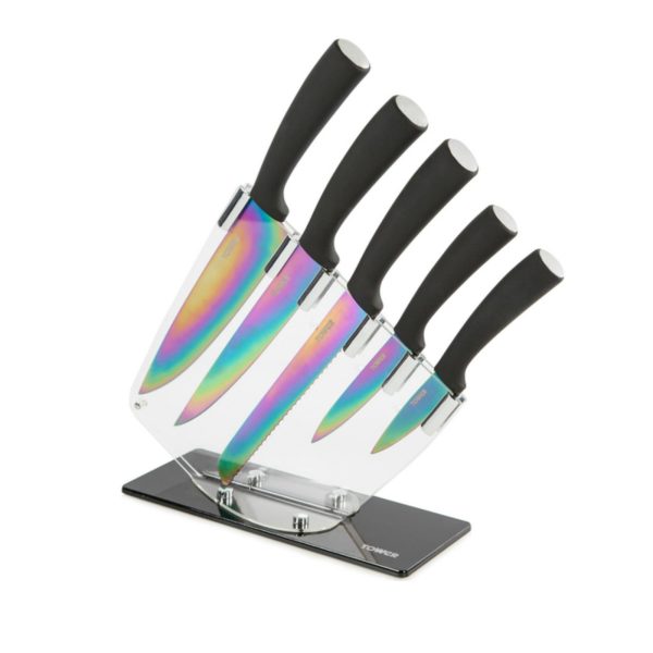 Tower T80703 5 Piece Knife Block with Acrylic Stand – Black & Rainbow Brand New