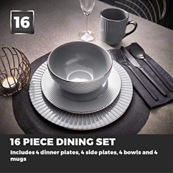 Tower T867002GRY 16 Piece Embossed Stoneware Dinner Set Grey