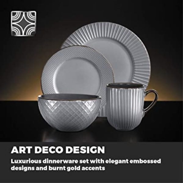 Tower T867002GRY 16 Piece Embossed Stoneware Dinner Set Grey