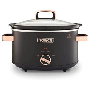 Tower T16042BLK 3.5l Slow Cooker Black Black slow cooker with rose gold handles.