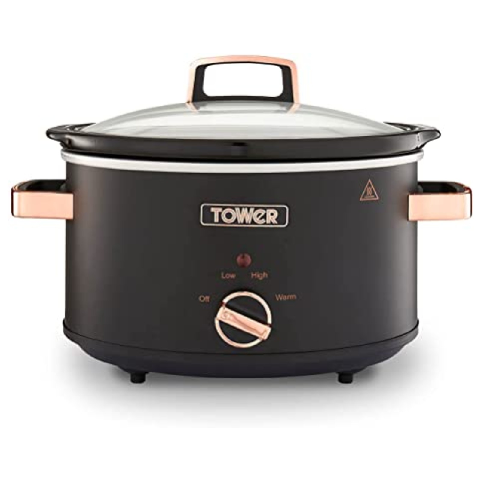 Tower T16042BLK 3.5l Slow Cooker Black Black slow cooker with rose gold handles.