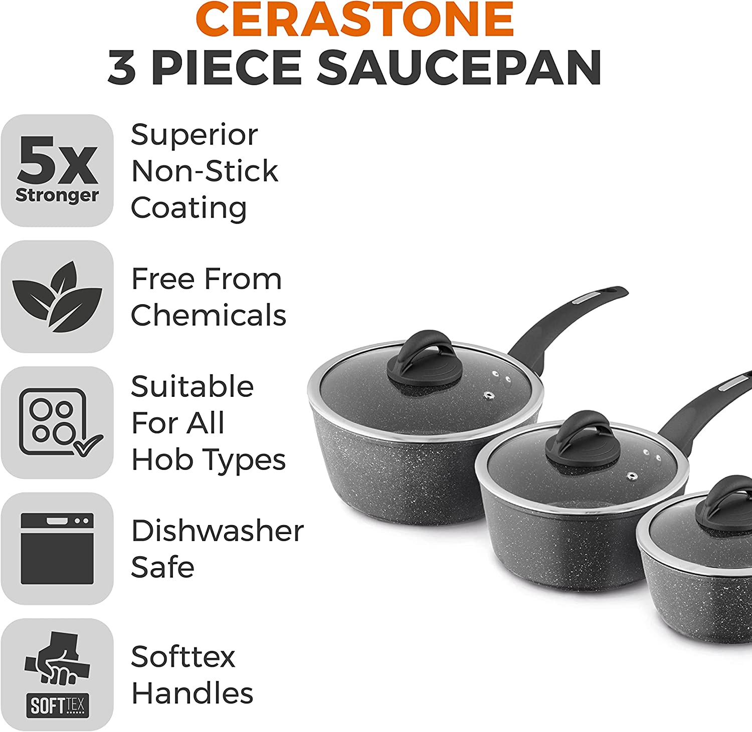 Tower T81212 Cerastone Forged 3 Piece Saucepan Set with Non-Stick Coating and Soft Touch Handles,18/20/22cm, Graphite