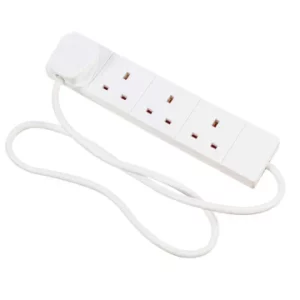 Daewoo 4-Way 2m Extension Lead | White 4-way 250V 13A Cable length: 2m Dimensions: H2.6 x W25 x D5.4cm Weight: 0.25kg Material: Plastic Colour: White