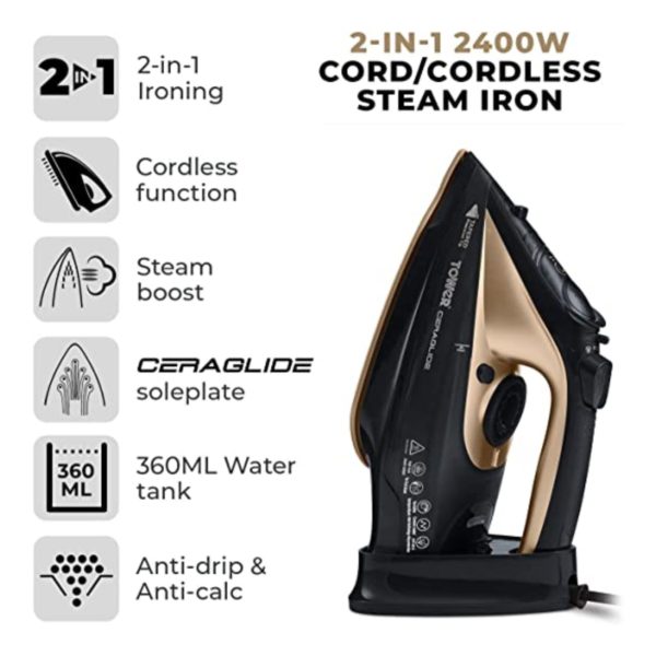 Tower T22008BKG 2400W 2 in 1 Ceraglide Cord/Cordless Steam Iron