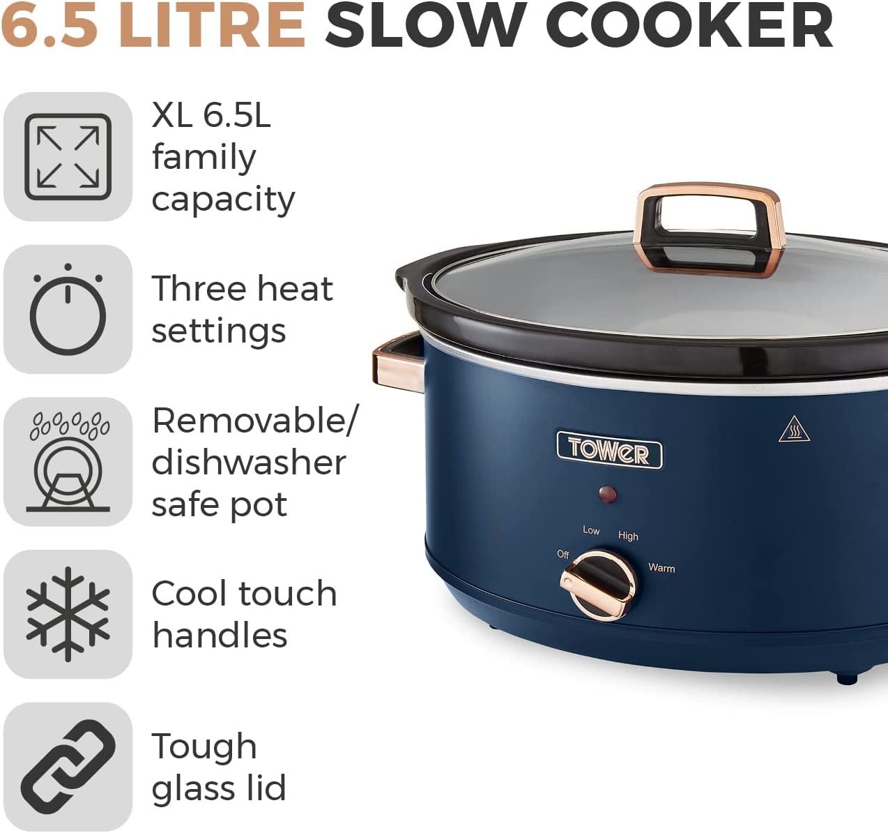 Tower Rose Gold 6.5L Slow Cooker, Electricals