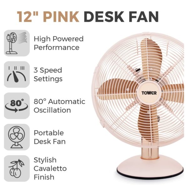 Tower T611000P 12 Inch Desk Fan Pink/ Rose Gold