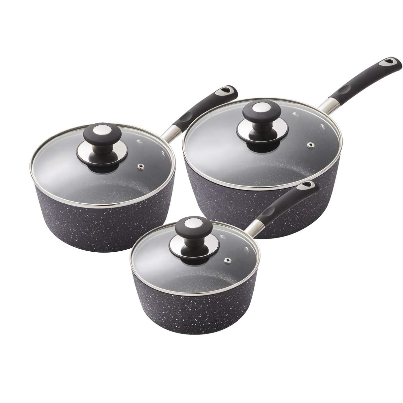 TOWER T900111 PRECISION 3 PIECE STONE COATED PAN SET  WITH GLASS LIDS TOWER T900111 PRECISION 3 PIECE STONE COATED PAN SET  WITH GLASS LIDS