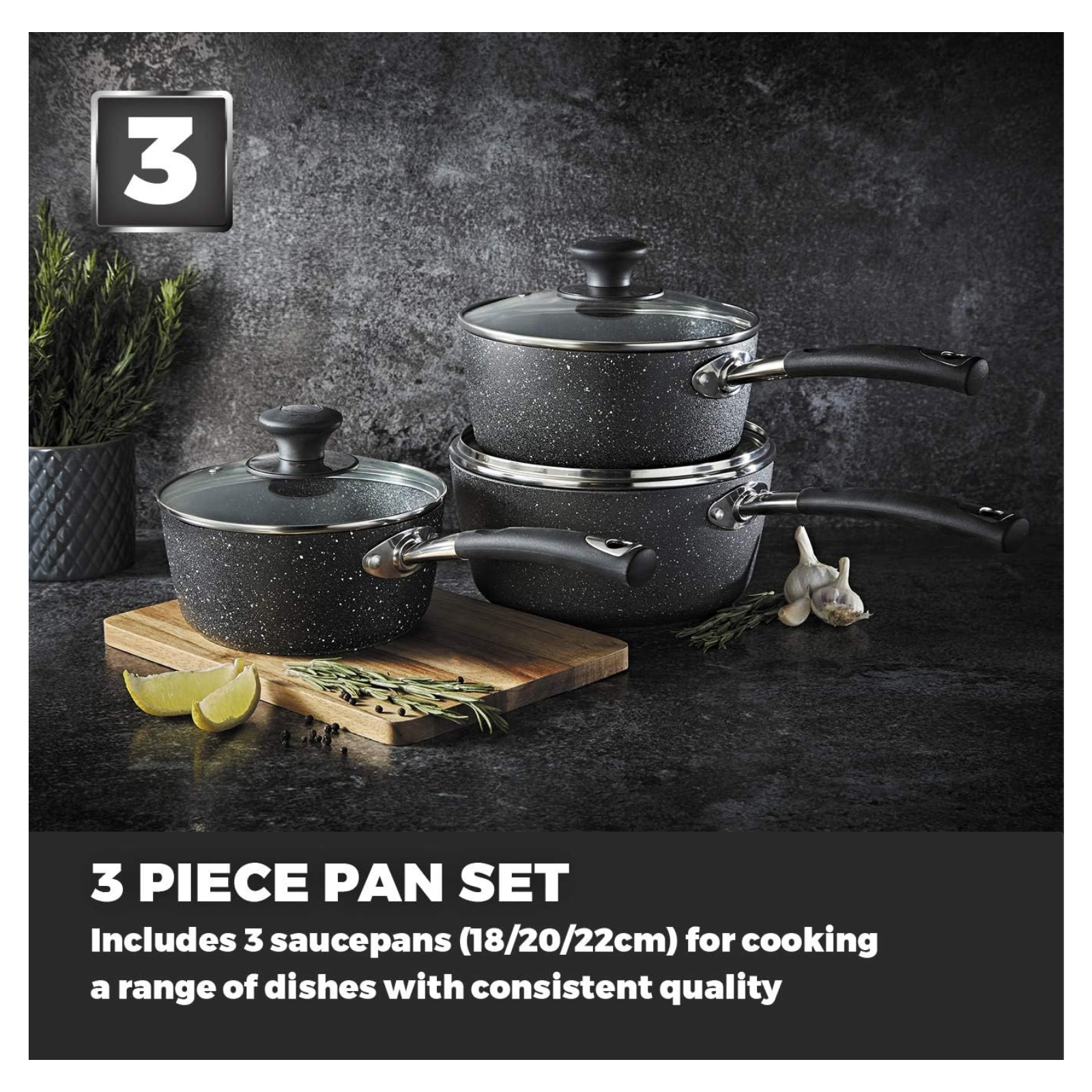 TOWER T900111 PRECISION 3 PIECE STONE COATED PAN SET  WITH GLASS LIDS TOWER T900111 PRECISION 3 PIECE STONE COATED PAN SET  WITH GLASS LIDS - Image 3