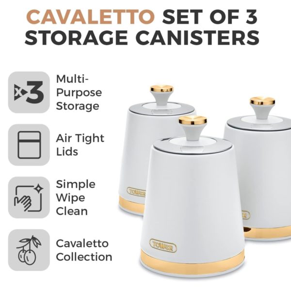 Tower T826131WHTN Cavaletto Champagne Gold Edition 3 Piece Canister Set Optic White