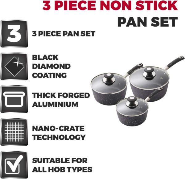 TOWER T900111 PRECISION 3 PIECE STONE COATED PAN SET  WITH GLASS LIDS - Image 2