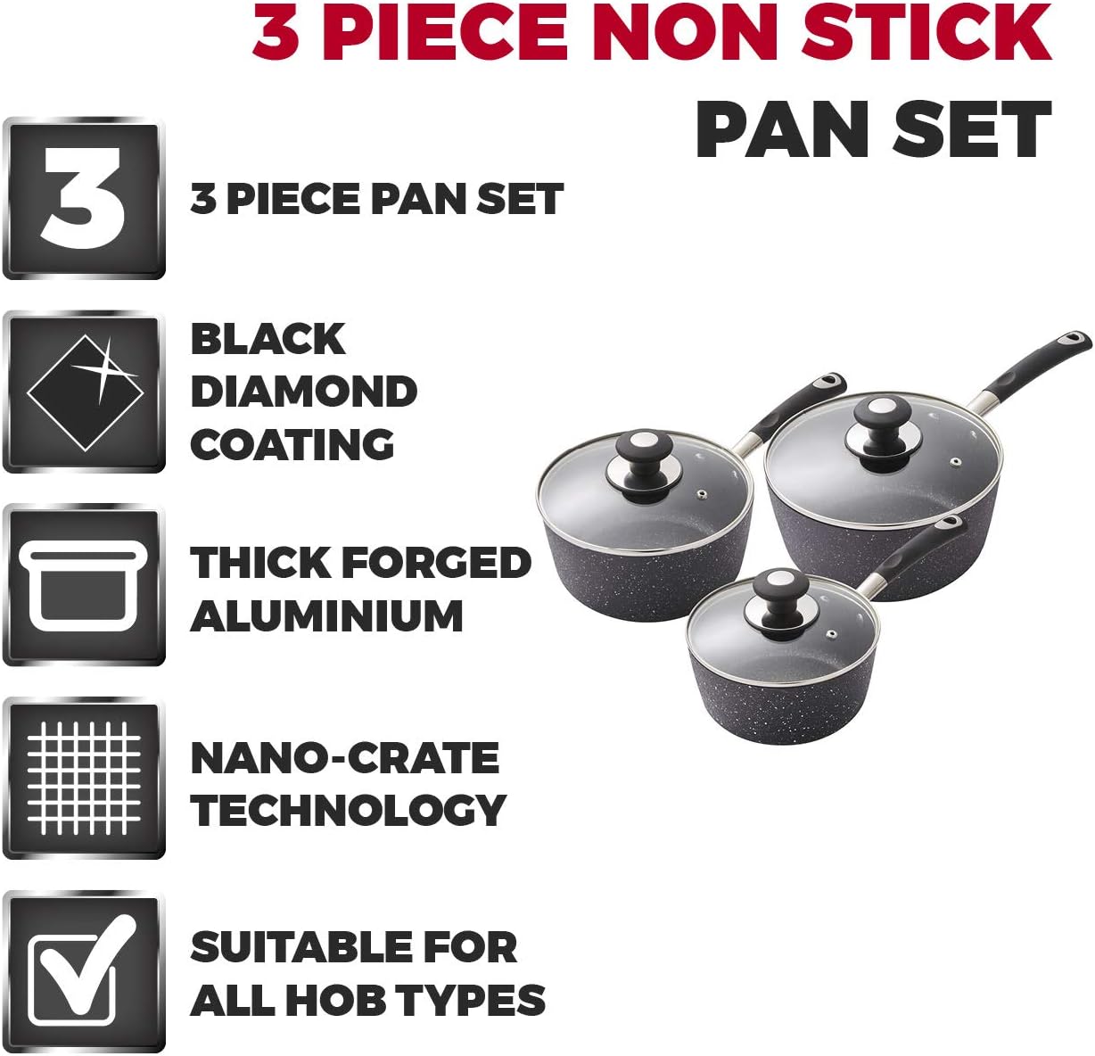TOWER T900111 PRECISION 3 PIECE STONE COATED PAN SET  WITH GLASS LIDS TOWER T900111 PRECISION 3 PIECE STONE COATED PAN SET  WITH GLASS LIDS - Image 2