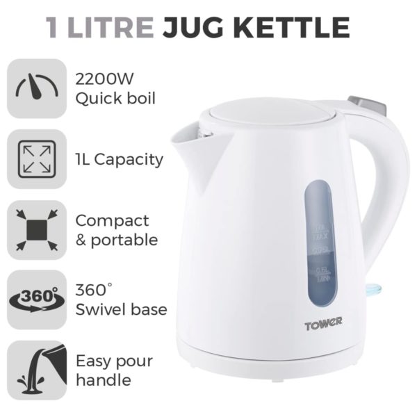 Tower T10029W Elements White 1Litre Jug Kettle