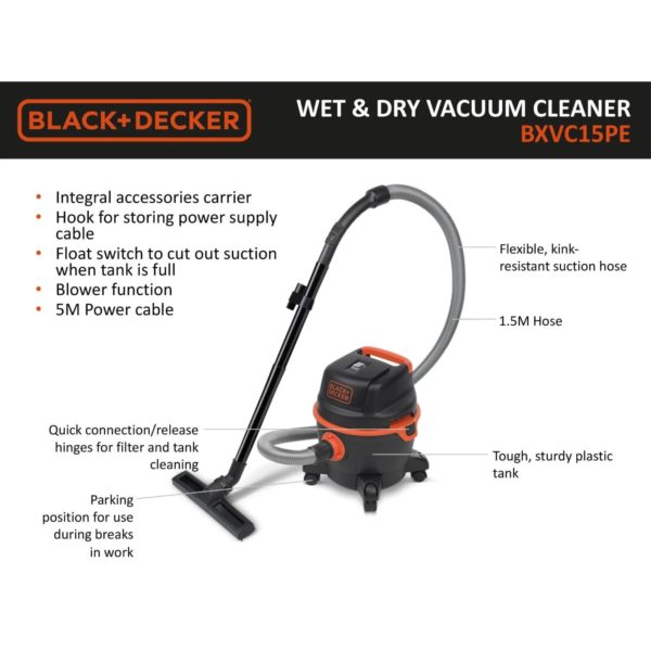 Black And Decker BXVC15PE 15L 1.2KW Wet Dry Vacuum Cleaner