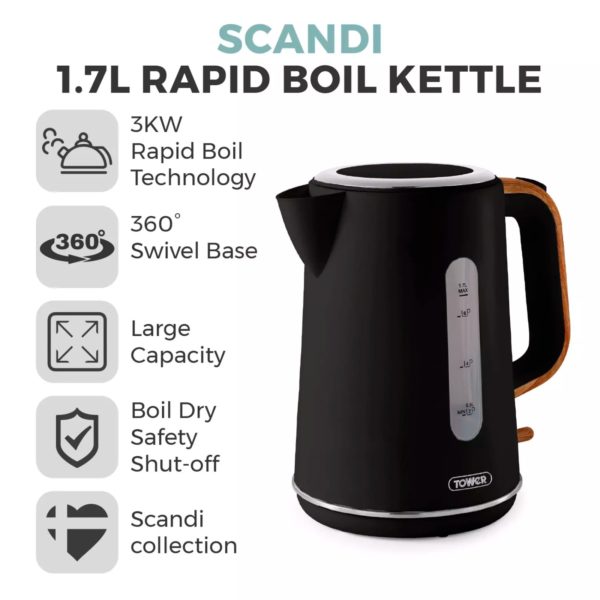 Tower T10037BLK Scandi 1.7L Rapid Boil Kettle Black