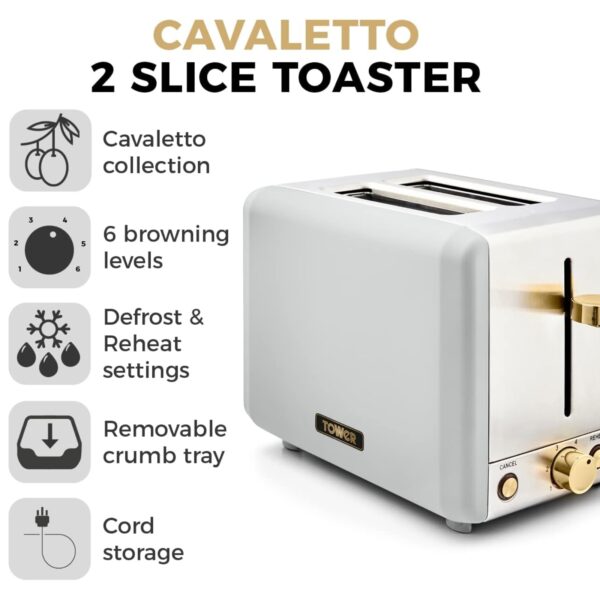 Tower T20036WHT Champagne Edition 2 Slice Toaster Optic White