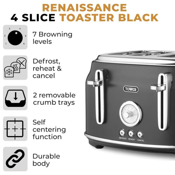 Tower T20065BLK Renaissance Black  4 Slice Toaster - Image 2