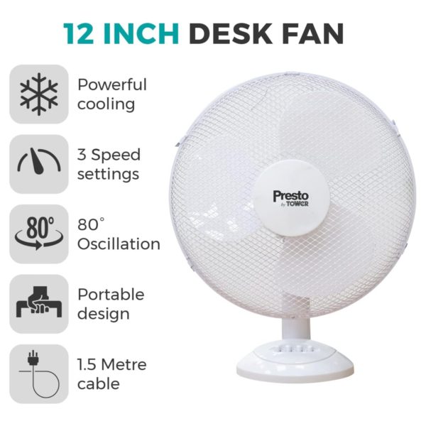 Tower PT600002 Presto 12 Inch Desk Fan White - Image 2