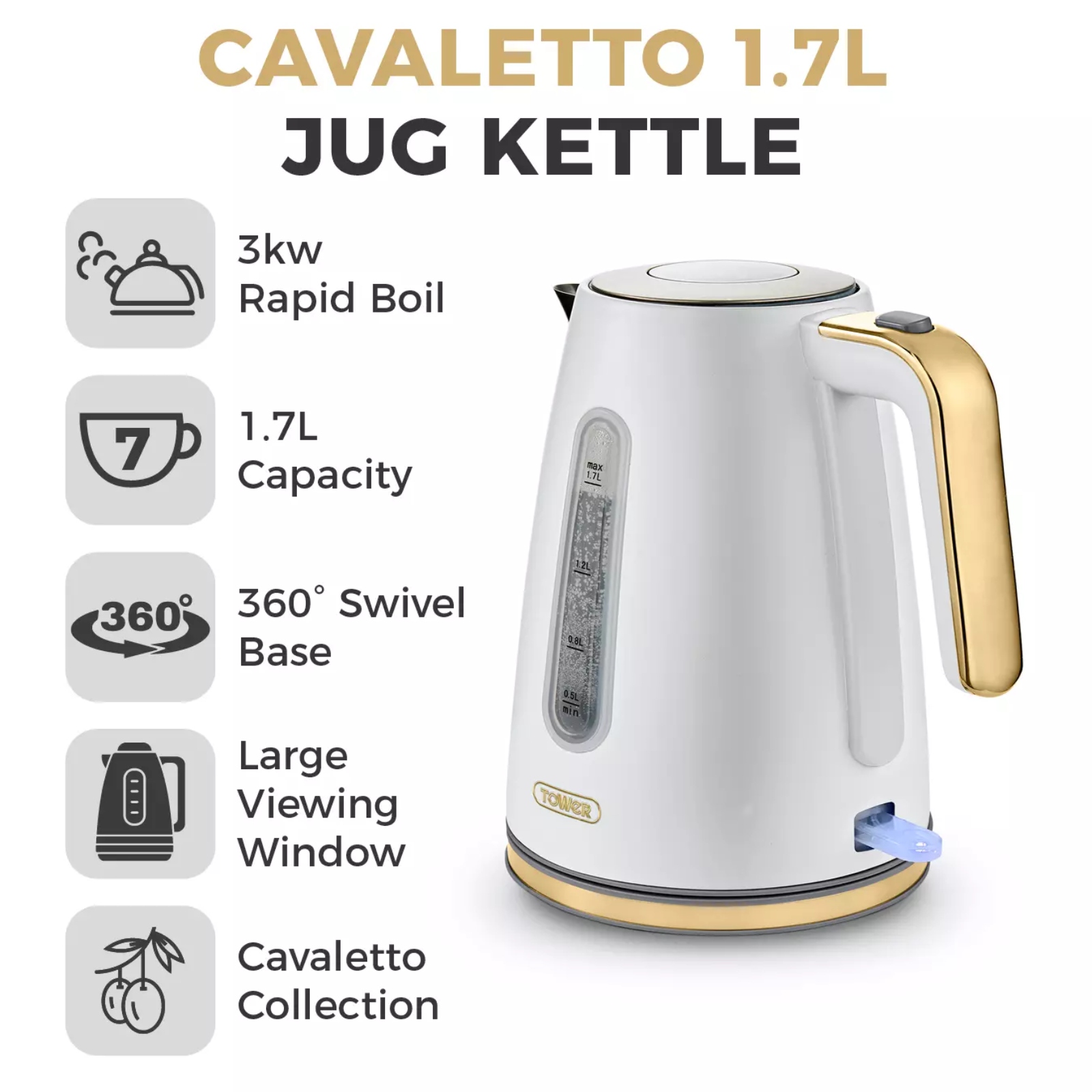 Tower T10066WHT Cavaletto Champagne Gold Edition Jug Kettle Optic White Tower T10066WHT Cavaletto Champagne Gold Edition Jug Kettle Optic White - Image 2