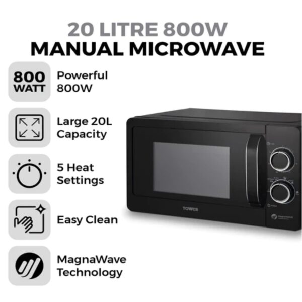 Tower T24042BLK Magna Wave 20 Litre 800W Black Manual Microwave