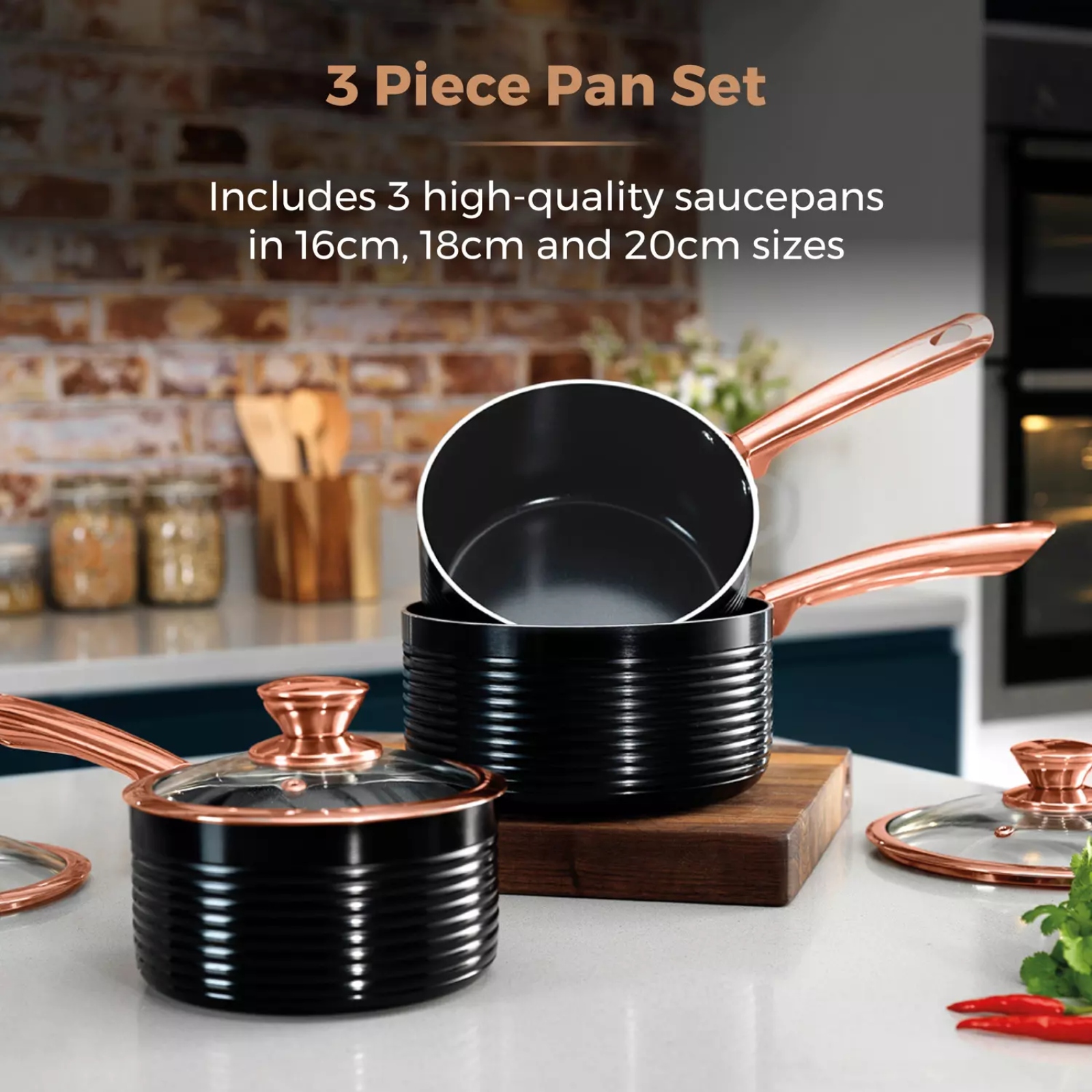 Tower T800001RB Linear Rose Gold Edition 3 Piece Non Stick Saucepan Set Black Tower T800001RB Linear Rose Gold Edition 3 Piece Non Stick Saucepan Set Black - Image 2