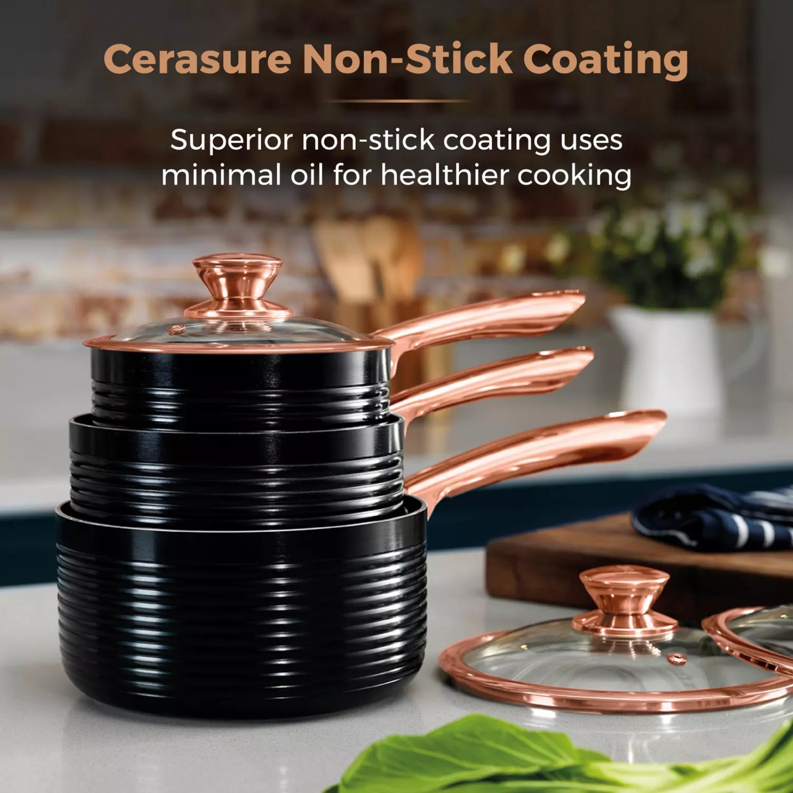 Tower T800001RB Linear Rose Gold Edition 3 Piece Non Stick Saucepan Set Black Tower T800001RB Linear Rose Gold Edition 3 Piece Non Stick Saucepan Set Black - Image 3
