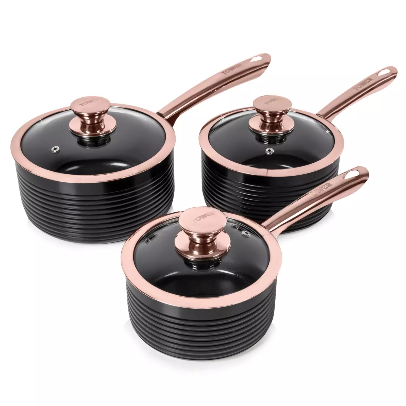Tower T800001RB Linear Rose Gold Edition 3 Piece Non Stick Saucepan Set Black Tower Liner Rose Gold Edition 3 Piece Non Stick Saucepan Set Black