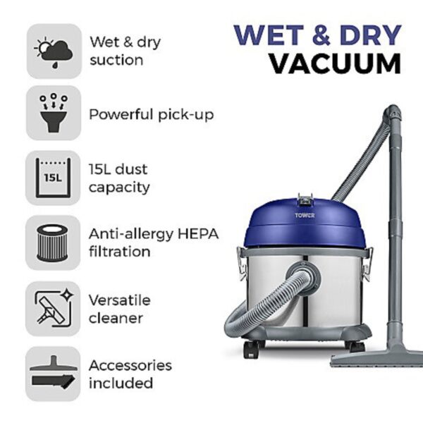 Tower T136000 TDW10 Stainless Steel Wet & Dry Vacuum Cleaner Silver - Image 2