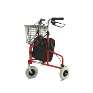 Folding Lightweight Tri Walker with Bag, Basket and Tray – Red