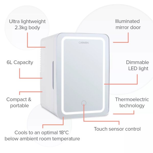 Carmen C81182 6L Beauty Cooler With LED Mirror Door White - Image 4