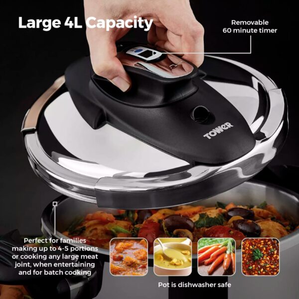 Tower T920002 One-Touch Ultima 4 Litre Pressure Cooker Stainless Steel - Image 3