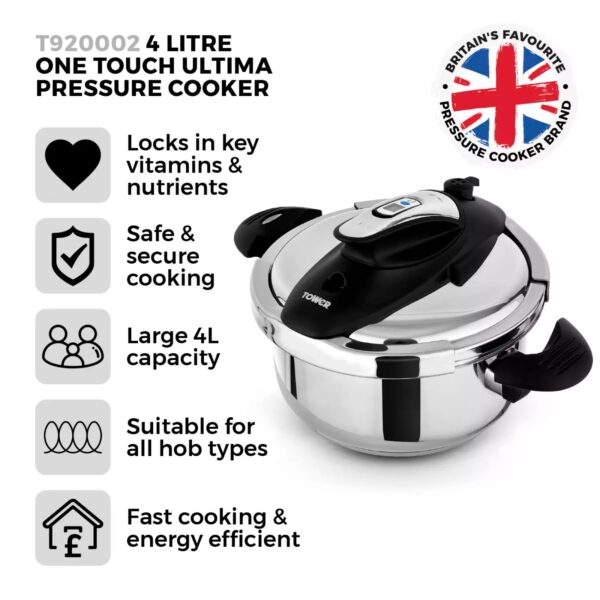 Tower T920002 One-Touch Ultima 4 Litre Pressure Cooker Stainless Steel - Image 4