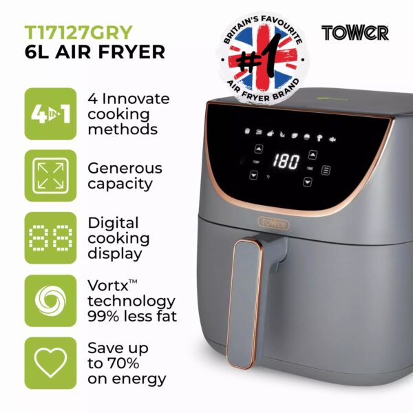 Tower T17127GRY Vortx 6L Digital Air Fryer Grey - Image 2