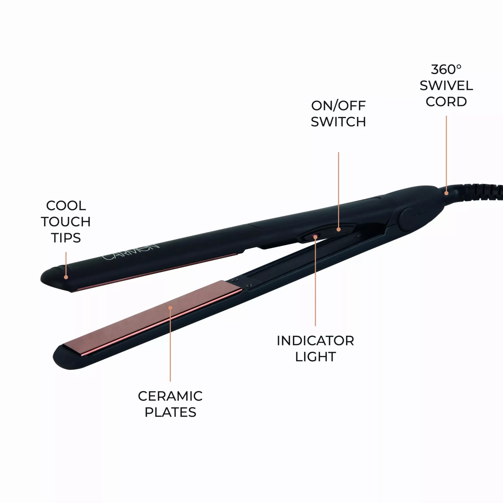 Carmen C81054COP Noir Ceramic Hair Straighteners Black Carmen C81054COP Noir Ceramic Hair Straighteners Black - Image 4