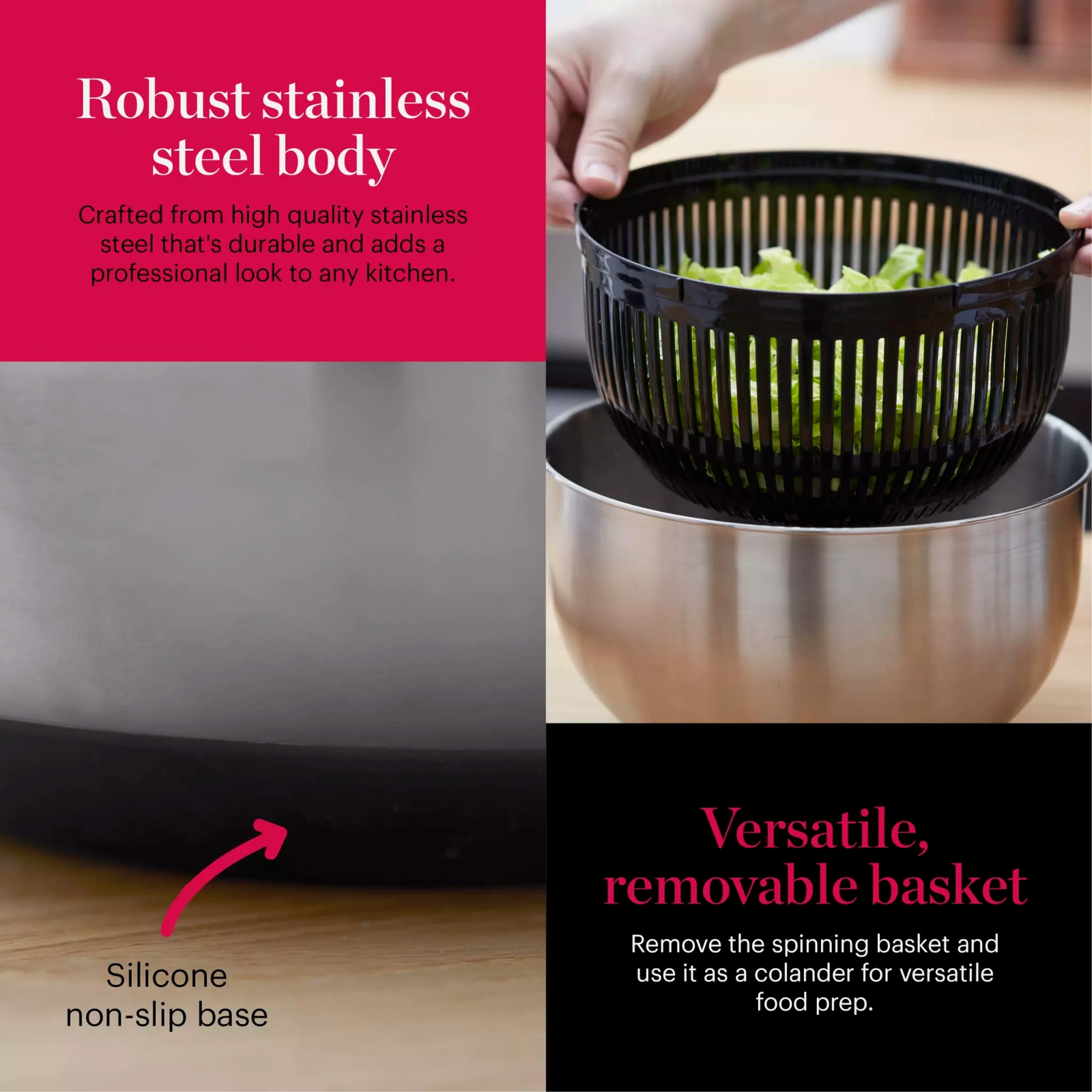 Tower GF847071 Good Food 5 Litre Salad Spinner Stainless Steel Tower GF847071 Good Food 5 Litre Salad Spinner Stainless Steel - Image 3