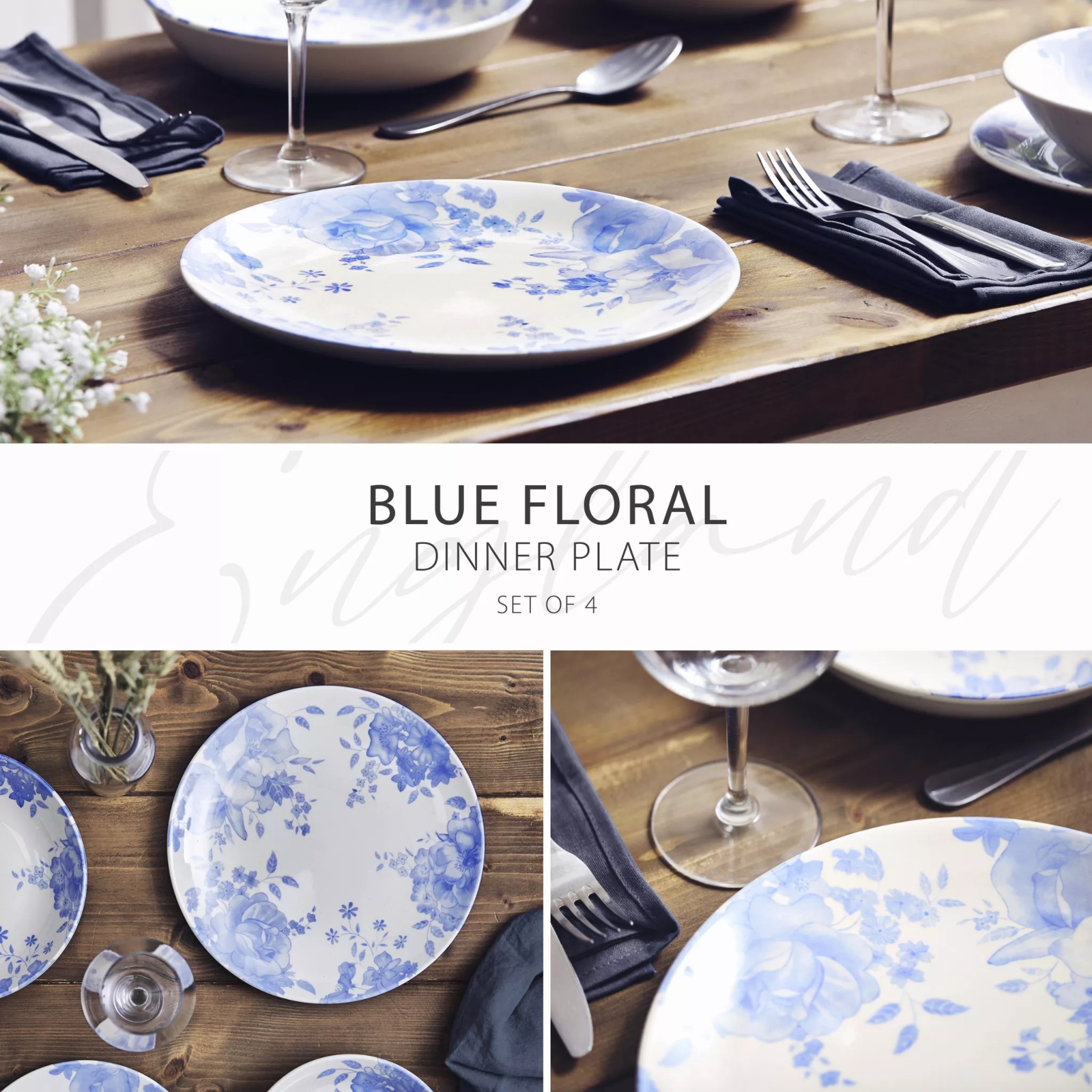 Wade WA967037BLU Set Of 4 Dinner Plates Blue Floral Wade WA967037BLU Set Of 4 Dinner Plates Blue Floral - Image 2
