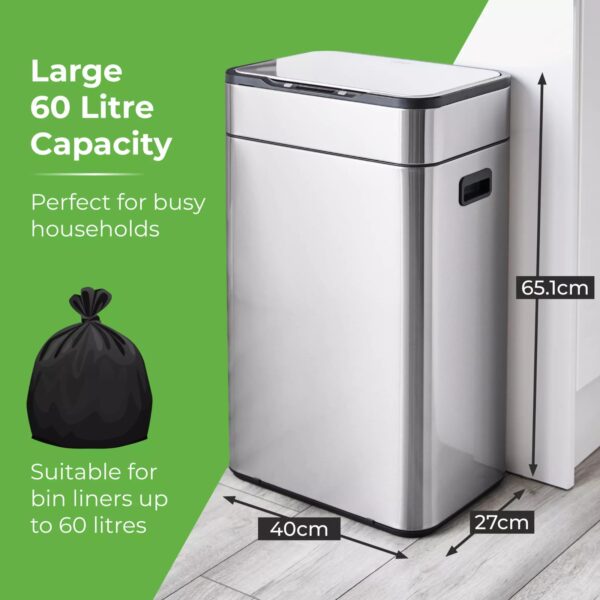 Tower T938023SS 60L Ozone Sensor Bin Stainless Steel - Image 2