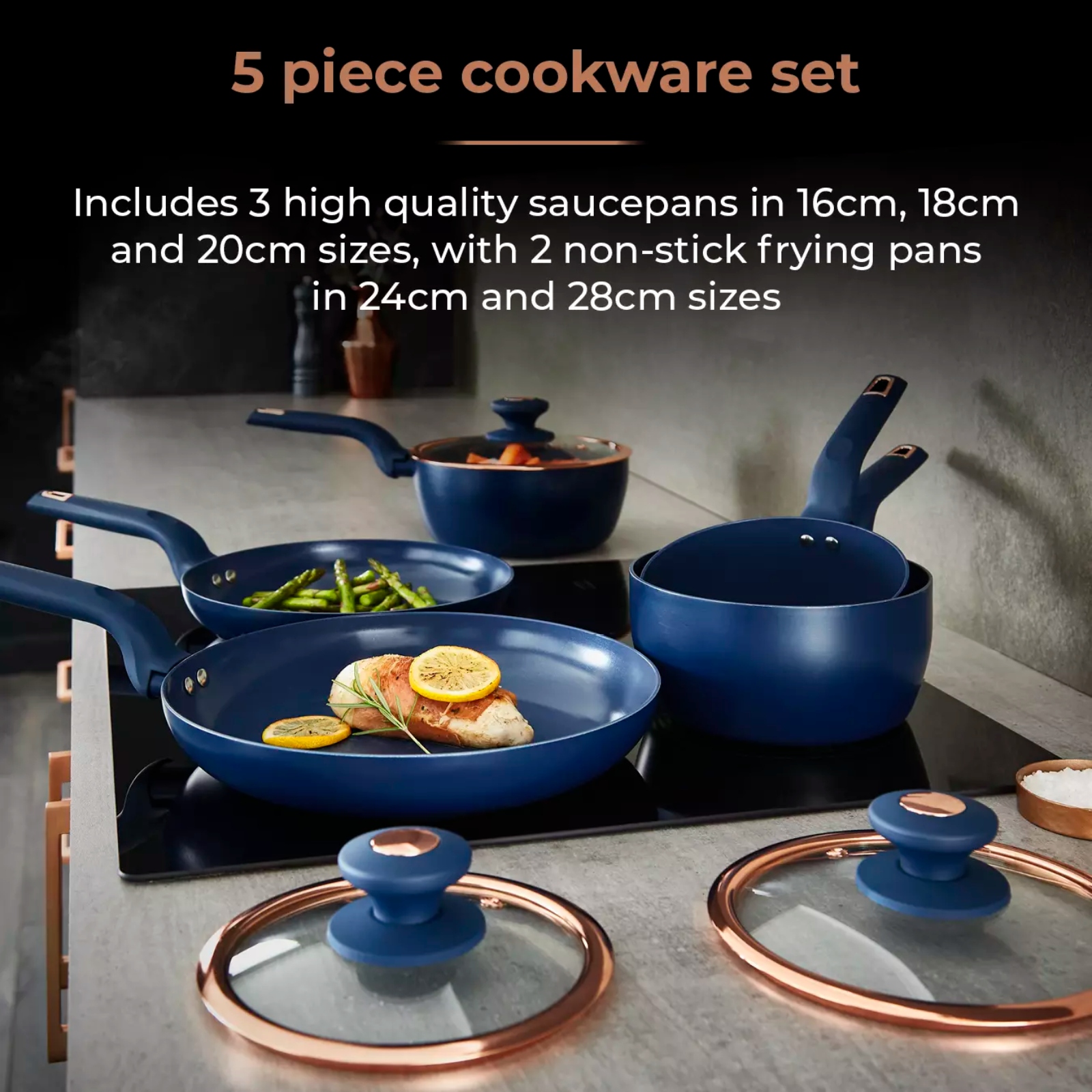 Tower T800232MNB Cavaletto 5 Piece Cookware Set Blue Tower T800232MNB Cavaletto 5 Piece Cookware Set Blue - Image 2